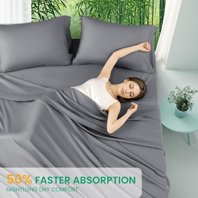 SONORO KATE 100% Viscose Derived from Bamboo_Sheets King Size,4PC | Cooling Bed Sheets for Hot Sleepers,Soft Breathable & Silky,16" Deep Pocket,Luxury Hotel Bedding,Grey