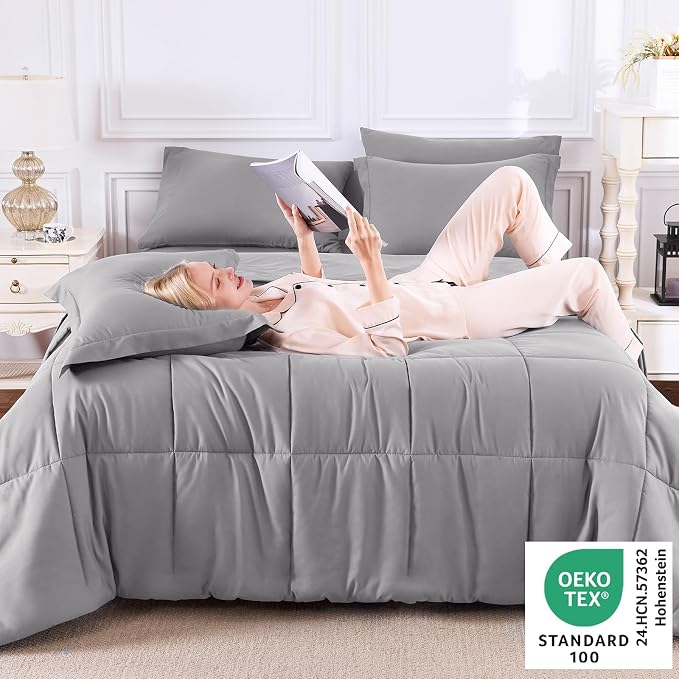 Queen Comforter Set, 7-Piece Bed in a Bag, Grey | OEKO-TEX Certified, Box-Stitched Design, 240 GSM Down Alternative Fill, All-Season Comfort, Sheets, Pillowcases & Shams