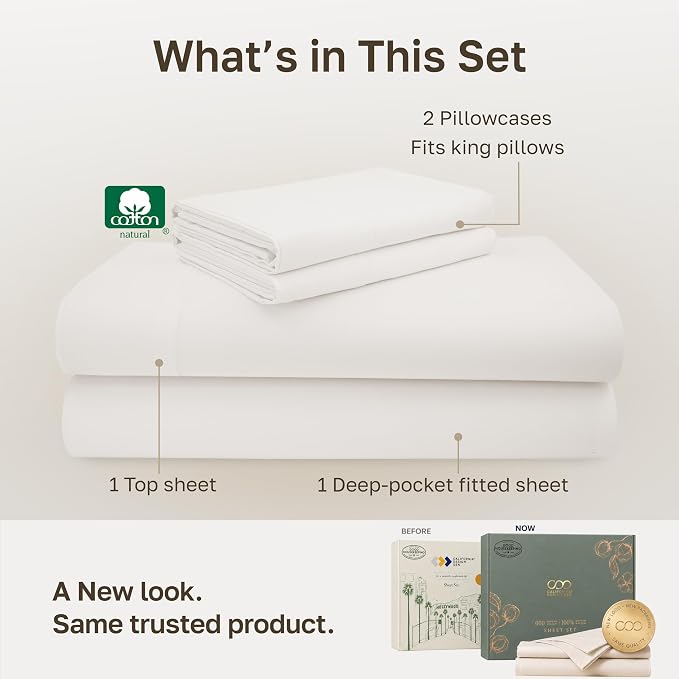 California Design Den Luxury 600 Thread Count King Size Sheets, True Ivory | 100% Cotton Sateen Backed by Good Housekeeping Seal, Soft & Smooth, 16" Deep Pocket, All-Around Elastic, Easy Care, 4 Pc Set