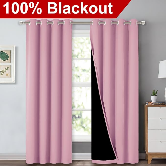 NICETOWN Crystal Pink Blackout Curtains for Dining Room 52" x 84" 2 Panels | Full Shade Energy Smart Noise Blocking Drapes for Guest Room Kitchen, Thermal Insulated Lined Window Dressing Home Decor