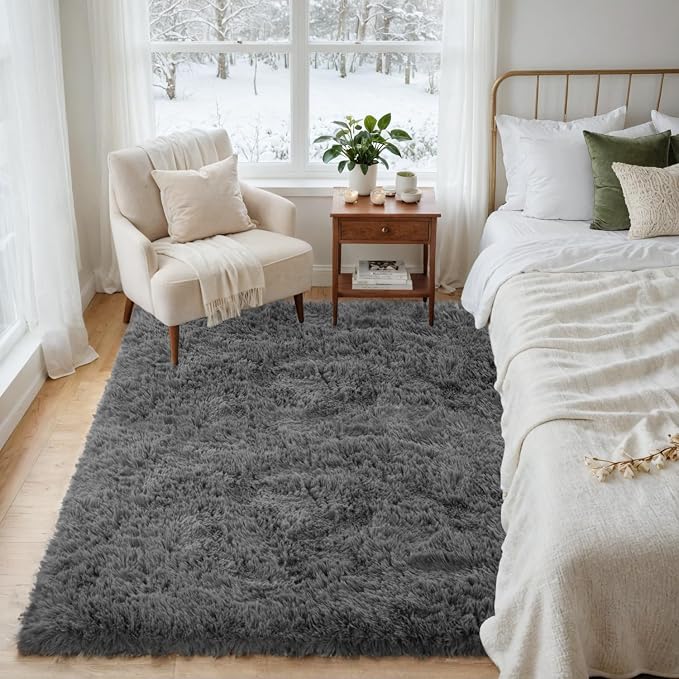 4x6 Fluffy Shag Area Rugs for Living Room Bedroom: Soft Plush Carpet Grey | Upgraded Non-Slip Thick Memory Foam, Ultra Soft, Non-Shedding Fuzzy Carpet, Easy Clean Decor for Kids Room, Nursery, Playroom