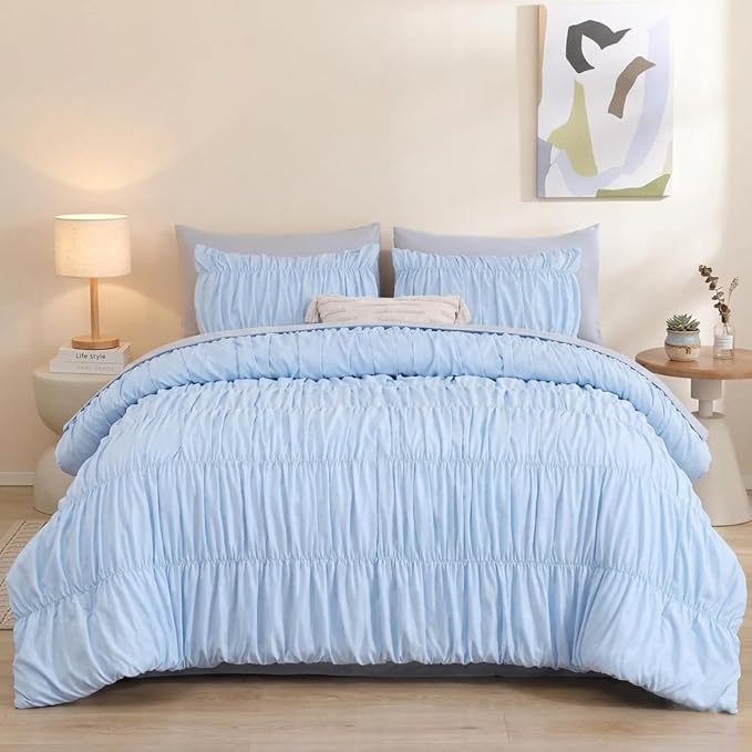 weigelia Light Blue Ruched Comforter Set King Size, Cute Girls Bedding Set | All Season, Soft Microfiber Comforter, Cozy Cinched Design for Home & Bedroom Decor (1 Comforter,2 Pillowcases)