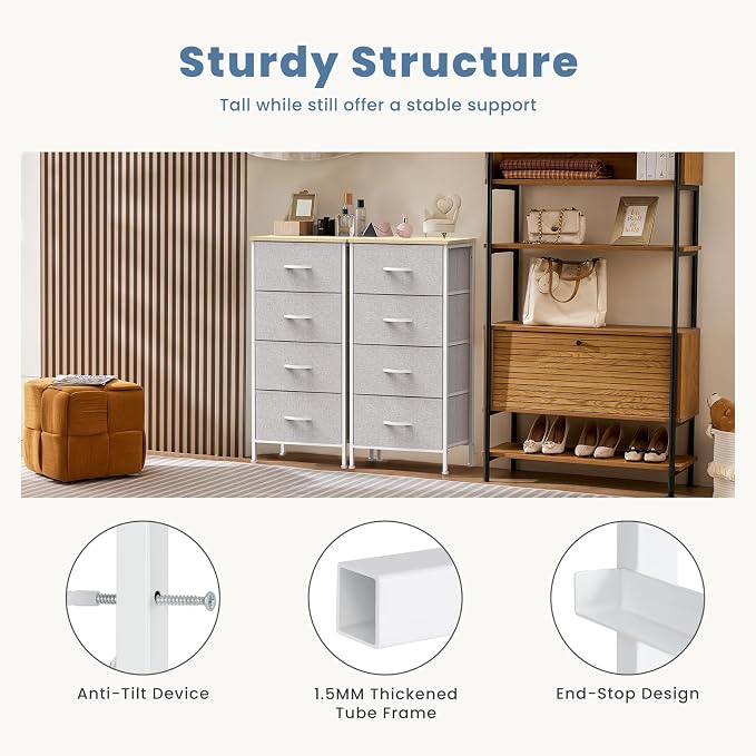 DUMOS Nightstand with 4 Drawers Bedside Table with Removable Fabric Bins Sturdy Steel Frame Wood Top Organizer Furniture for Bedroom Closet Living Room, Ash