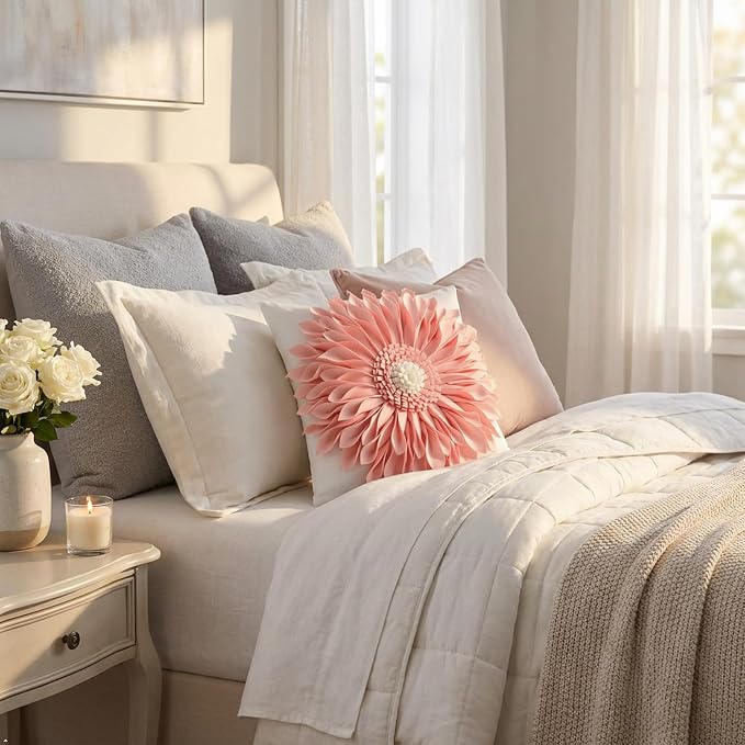 OiseauVoler 3D Sunflower Handmade Throw Pillow Covers Decorative Pink Pillowcases for Couch Girls Bed Living Room Home Decor 18x18 Inches