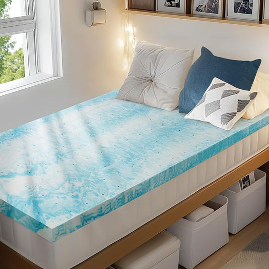 PERLECARE 4 Inch Twin XL Memory Foam Mattress Topper, Cooling Gel Infused Mattress Pad, Ventilated Bed Topper for Pressure Relief, Dorm Room Essentials, Blue