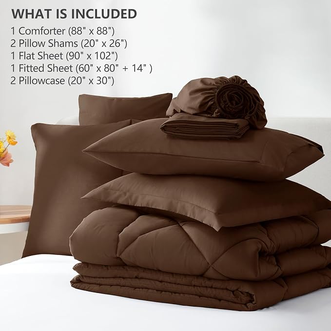 Queen Comforter Set with Sheets Brown - 7 Pieces Bed in a Bag | OEKO-TEX Certified, All Season, 240GSM Down-Alternative Comforter, Sheets, Pillowcases & Shams, 14" Deep Pocket, Easy Care