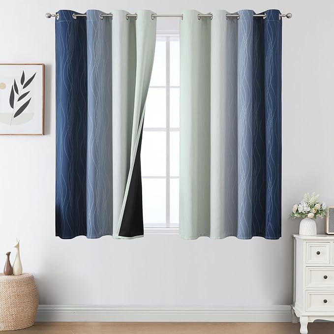 Sage Green and Navy Blue Ombre Blackout Curtains for Bedroom 45 Inches Long | Estelar Textiler Thermal Insulated, Light Blocking,Full Room Darkening Gradient Grommet Short Window Drapes,52Wx45L,2 Panels