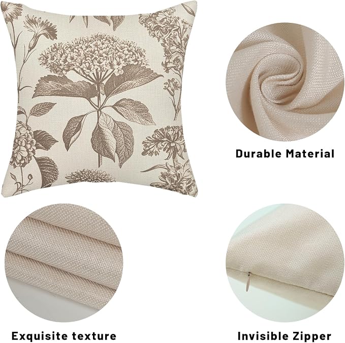 Vintage Brown Pillow Covers 20x20 Inch 2 Pcs Boho Beige Floral Decor Throw Pillows Hydrangea Flower Seasonal Outdoor Farmhouse Neutral Accent Decoration Pillowcase Linen Cushion Cover for Couch