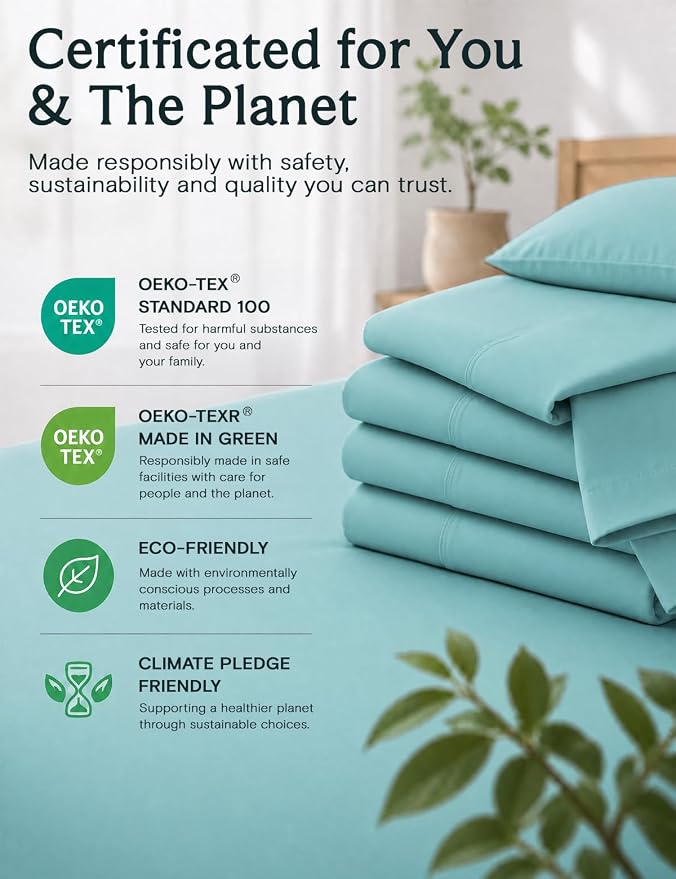 LuxClub Queen Sheet Set, Deep Pocket Bed Sheet Queen Size 4PC, Cooling Soft Bed Sheets, Breathable Hotel Luxury Bedding Wrinkle Free, Silky Fitted Sheet & Pillowcase Sets, Aqua Queen | LuxClub Silky Fitted Sheet & Pillowcase Sets, Breathable Hotel Luxu...