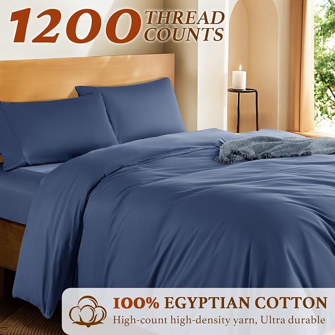 DEITAS 100% Cotton King Duvet Covers 3 Piece,1200 Thread Count，Navr Blue | Luxury Egyptian Cotton Comforter Cover With Zipper Closure, Ultra Cooling Breathable, Hotel Bedding Duvet Covers