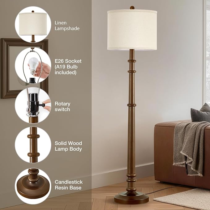 Floor Lamps for Living Room - 60" Farmhouse Floor Lamp with Adjustable Color Temperatures - Vintage Standing Lamp Reading Light with Linen Shade Rustic Tall Lamp for Bedroom Office, Wood , Walnut