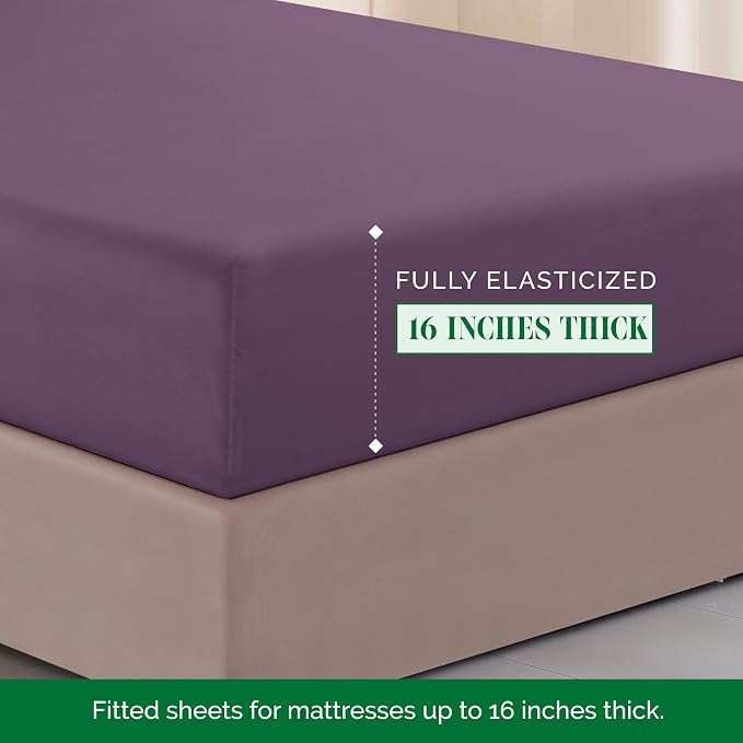Elegant Comfort Luxurious 1500 Premium Hotel Quality Microfiber Three Line Embroidered Softest 4-Piece Bed Sheet Set, Wrinkle and Fade Resistant, Twin/Twin XL, Eggplant-Purple
