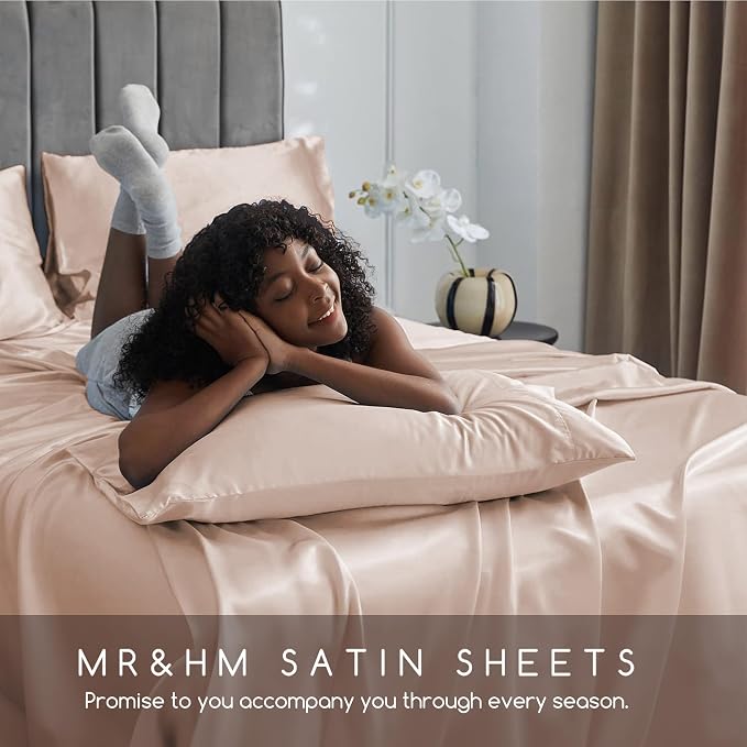 MR&HM Satin Bed Sheets, Full Size Sheets Set, 6 Pcs Silky Bedding Set with 15 Inches Deep Pocket for Mattress (Full, Champagne) | Similar to Silk, 6-Piece Silky Soft Bed Sheet Set, Gentle on Skin and Hair, 15" Deep Pocket, Cooling & Breathable