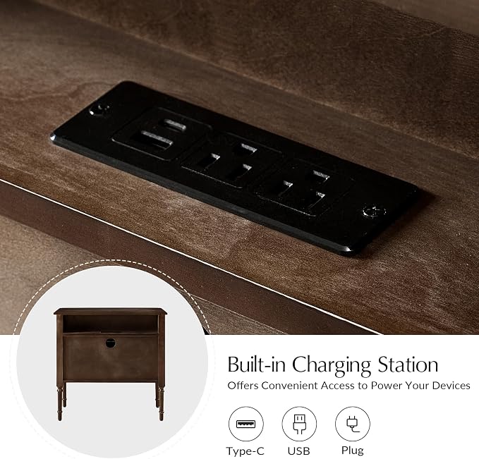HULALA HOME Solid Wood End Table with Charging Station, Mid-Century Modern End Table with 2 Drawer, Adjustable Solid Wood Feet, Easy Assembly, Walnut