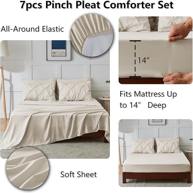 HIMEET Full Size Comforter Set Beige - 7 Pieces Pintuck Bed in a Bag | OEKO-TEX Certified, 240GSM Down Alternative Comforter, 14" Deep Pocket Fitted Sheet + Flat Sheet + 2 Pillowcases + 2 Shams