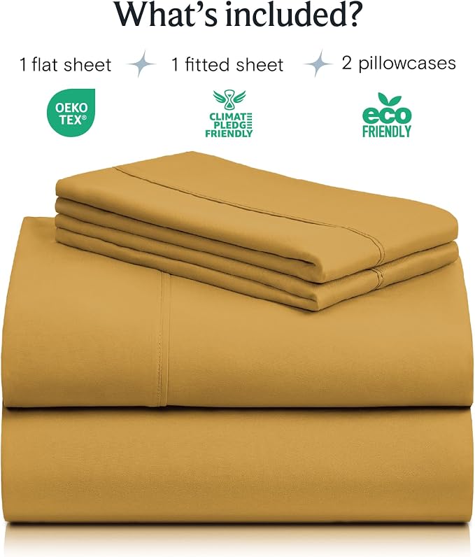 LuxClub 4 PC Full Sheet Set, Deep Pockets Wrinkle Free Cooling Bed Sheets Hotel Bedding for Women, Men, Kids & Teens, Includes 1 Fitted Sheet, 1 Flat Sheet and 2 Pillowcases-Soft Medallion Gold | LuxClub Silky Fitted Sheet & Pillowcase Sets, Breathable...