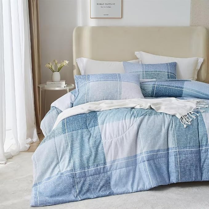 LifeTB Blue Checkered Comforter King Comforter Set Geometric Checkered Plaid Bedding Comforter for Men Boys Fluffy Soft Lightweight Bedding Boho Plaid Comforter Set for All Seasons King Size