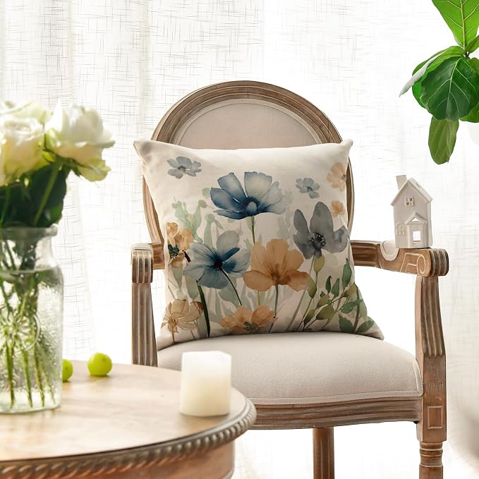 AVOIN colorlife Poppy Chinoiserie Flowers Pillow Covers 18x18 Inch Set of 2 | Light Brown Blue Seasonal Leaves Cushion Case Decoration for Sofa Couch Farmhouse