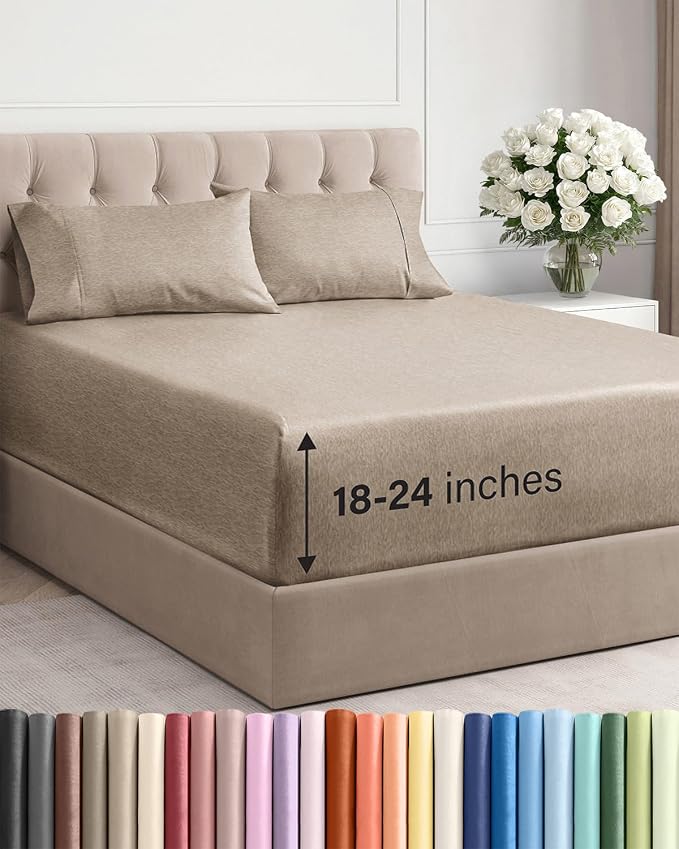 Extra Deep Twin Sheet Set - 4 Piece Breathable & Cooling - Heathered Beige | Hotel Luxury Bed Sheets Set, Easy & Secure Fit, Ultra-Soft, Wrinkle & Fade Free, Comfy Sheets Set with Extra Deep Pockets