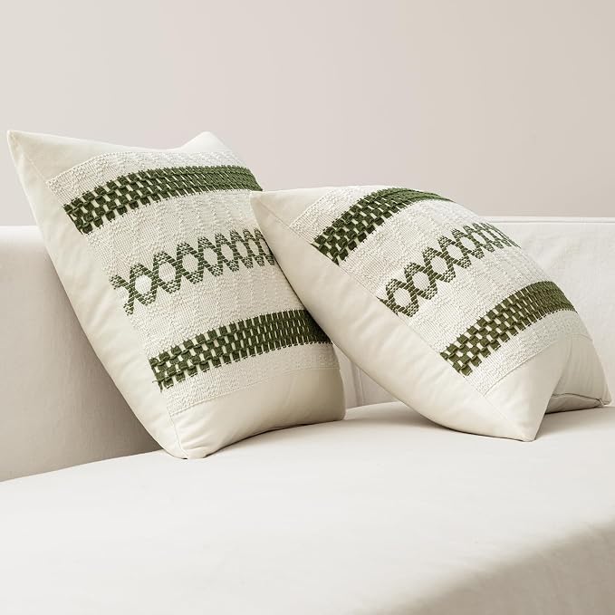 MIULEE Set of 2 Moss Green Boho Decorative Pillow Covers 20x20 Inch | Farmhouse Couch Throw Pillows, Modern Cotton Cushion Covers, Macrame Woven Spring Decor for Bed Sofa Chair