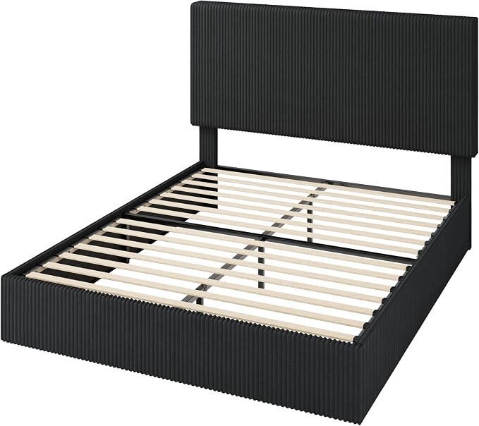 Allewie Queen Bed Frame, Adjustable Corduroy Headboard, Platform, Black | Adjustable Headboard, Corduroy Fabric, Low Profile, Wooden Slats, 900 lb Capacity, No Box Spring Needed