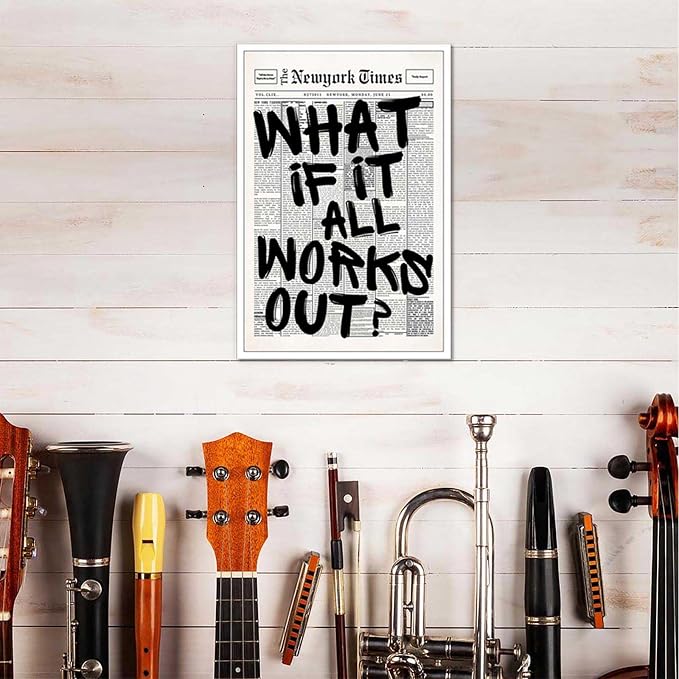 Drimiler Retro Black And White Newspaper Poster What If It All Works Out Canvas Wall Art Positive Affirming Quote Minimalist Prints Painting For Home Bedroom Dorm Wall Decor 12x18in Unframed