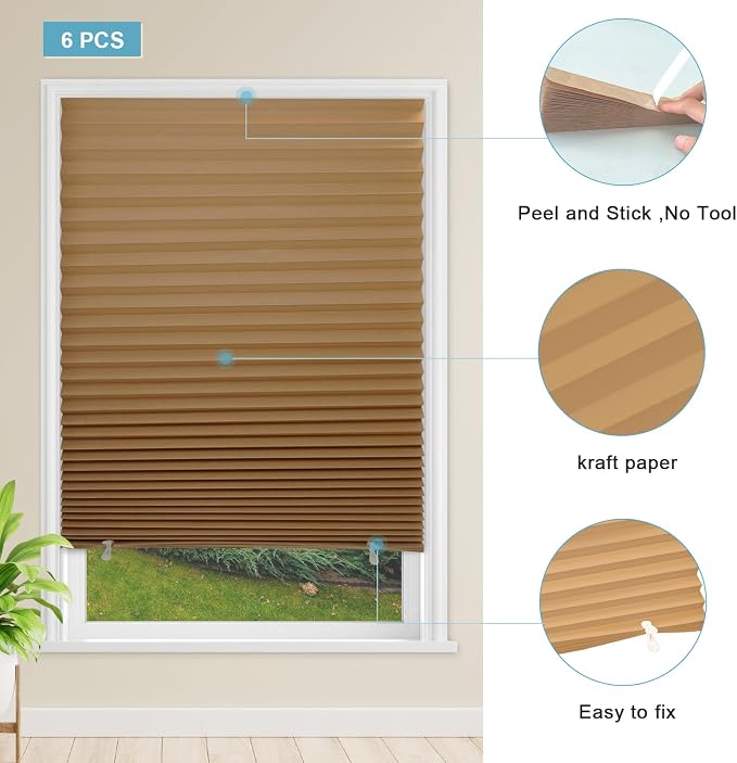 MYshade 12 Pack Temporary Blackout Paper Shades for Windows,Paper Pleated Blinds with Adhesive,No Tools No Drilling Free Cut Size Temporary Room Darkening Shades(Brown, 48" W x 72" H)