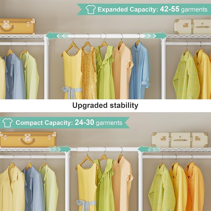 SEMHOR E06 Expandable Heavy Duty Clothes Rack for Reach-in Closet | Freestanding Clothing Racks with Shelves, Carbon Steel Closet Organizer System Adjustable 70.8-93.9", Max Load 800LBS, White