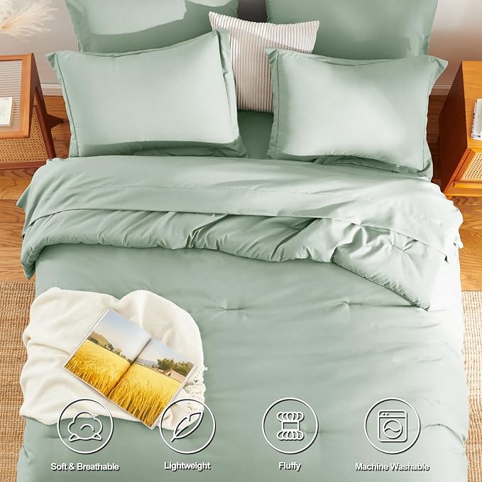 HIMEET Queen Comforter Set, 7-Piece Point-Quilted Bed in a Bag Sage Green | OEKO-TEX Certified, Lightweight 240 GSM Comforter, Flat Sheet, 14-Inch Deep-Pocket Fitted Sheet, Pillowcases & Shams