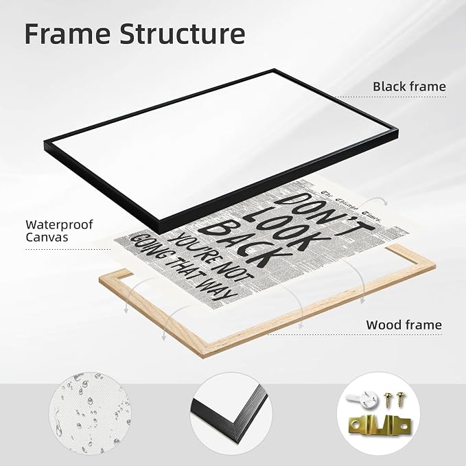 Framed Retro Black and White Newspaper Wall Art Dont Look Back Quote Poster | Trendy Inspirational Wall Decor Positive Motivational Affirmation Canvas Print Preppy Aesthetic Men Bedroom Artwork 16x24inch