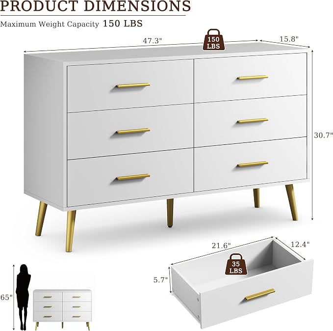 White 6 Drawer Dresser for Bedroom, 47" Wood Dresser with Gold Handles. | Modern Dressers & Chests of Drawers for Living Room, Hallway, Entryway.
