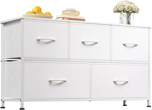 WLIVE Wide Dresser for Bedroom, 5 Drawer Chest of Drawers, White | 5 roomy fabric drawers, Wide storage design, Bedroom or closet use, Sturdy steel frame, Smooth wood tabletop