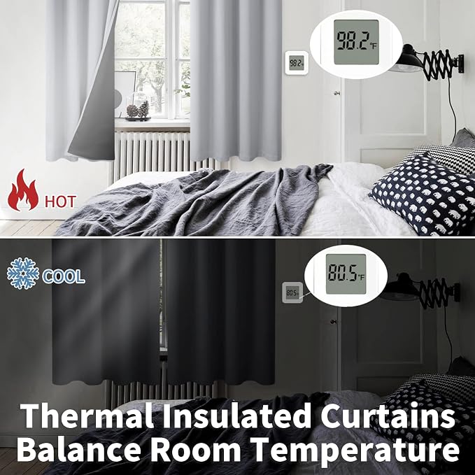 BGment Thermal Insulated 100% Blackout Curtains for Bedroom with Black Liner, Double Layer Full Room Darkening Noise Reducing Grommet Curtain (42 x 72 Inch, Light Grey, 2 Panels)
