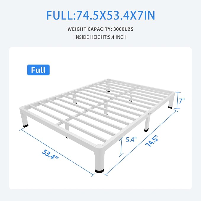 MAF 7 Inch Full Size Metal Platform Bed Frame White with Round Corner Legs | Mattress Slide Stopper, 3000 LBS Heavy Duty Steel Slats Support, Noise Free, No Box Spring Needed, Easy Assembly, Anti-Slip