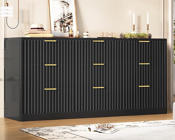 Fluted Dresser for Bedroom with 9 Drawers, 63" Wide Modern Chest of Drawers with Metal Handle & Curved Profile Design, Wood Closet Clothes Storage Organizer for Living Room, Hallway, Black