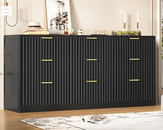 Fluted Dresser for Bedroom with 9 Drawers, 63" Wide Modern Chest of Drawers with Metal Handle & Curved Profile Design, Wood Closet Clothes Storage Organizer for Living Room, Hallway, Black