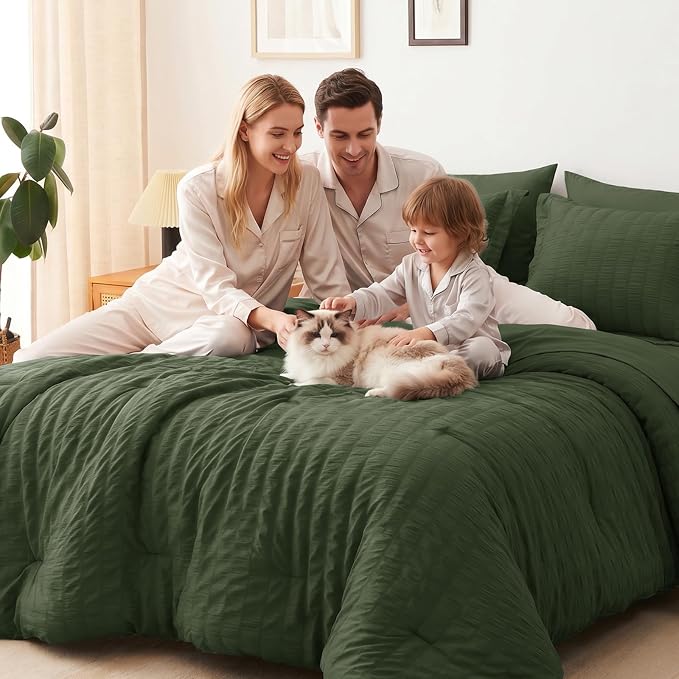Oversized King Seersucker Comforter Set, Olive Green, 120 x 98 in | OEKO-TEX Certified, 7 Pieces Bed in a Bag with 240 GSM Down Alternative Comforter, Flat & Fitted Sheets, Pillowcases & Shams