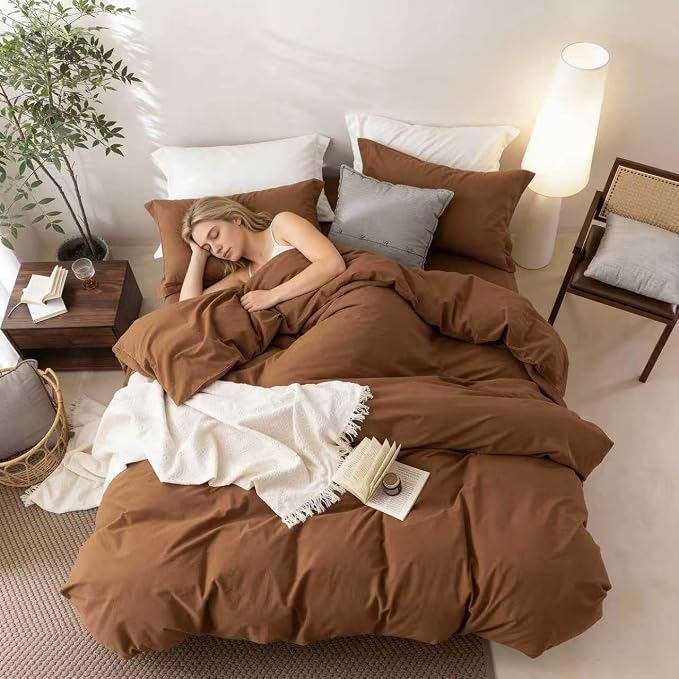 BDEAR 3Pcs Dark Orange Duvet Cover Oversized Queen Size 98" L x 98" W | 100% Washed Cotton, 1 Duvet Cover with 2 Pillowcases, Zipper Closure, OEKO TEX Standard,8 Corner Ties,Linen-Liked Texture