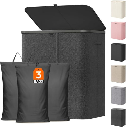 Lifewit 165L 3 Section Laundry Hamper with Lid, Laundry Basket, Dark Gray | Large Foldable Laundry Sorter with 3 Removable Bags, Tall Clothes Hamper for Bedroom and Bathroom