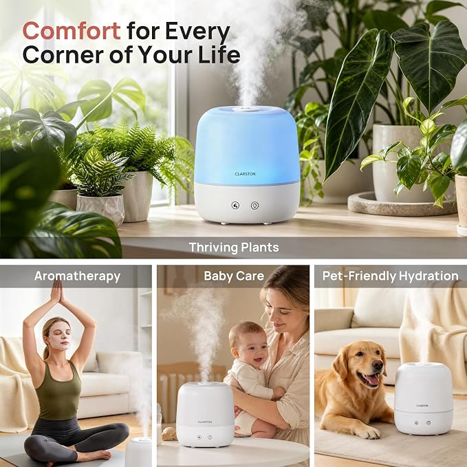 Clarston Humidifiers for Bedroom, 2L Cool Mist Humidifier, 24dB Quiet Sleep | 25H Runtime, Easy to Top Fill & Clean, Humidification for Baby Nursery & Plant, 360° Nozzle for Large Room, Nightlight,No BPA