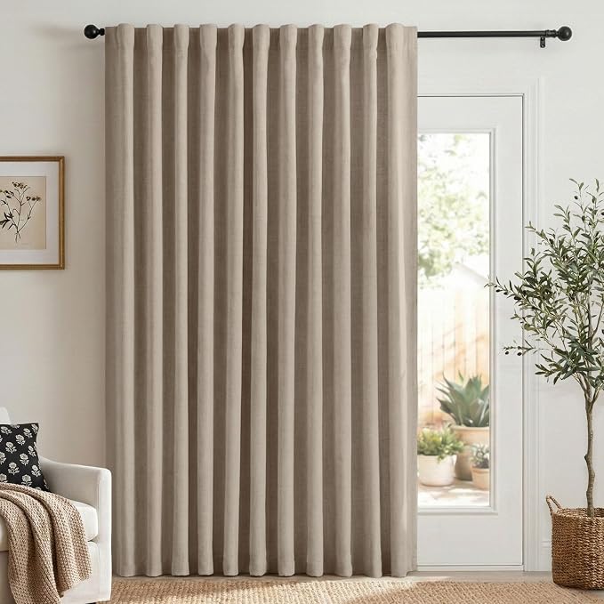 Linen Textured Blackout Sliding Door Curtains 96 Inch Long Burlywood Birch | 100% Blackout Shield Back Tab/Rod Pocket Sliding Door Curtains, Thermal Insulated Curtains 1 Panel Set, 100"W x 96"L