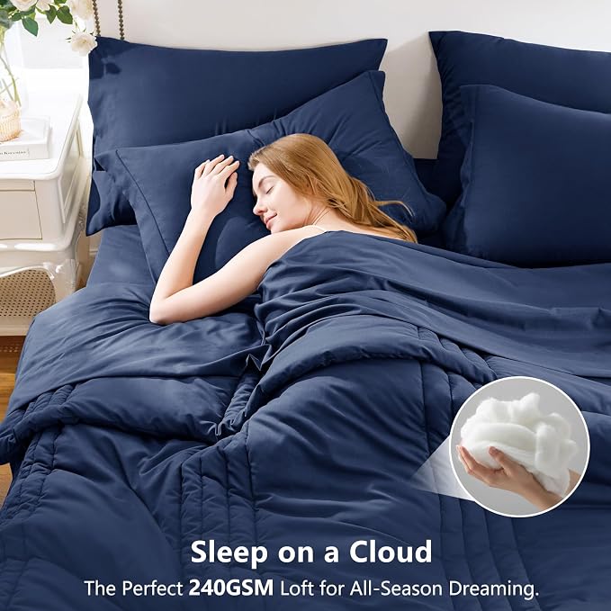 Twin XL Comforter Set Navy Blue - 5 Pieces Complete Bedding Set | College Dorm Essentials, OEKO-TEX Certified, 240GSM Down-Alternative Comforter, 14" Deep-Pocket Sheets, Sham & Pillowcase