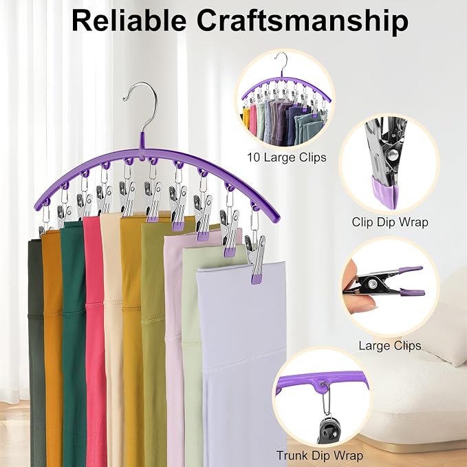 Volnamal Legging Organizer for Closet,1 Pack Metal Yoga Pants Hanger-Purple | Clothes Hanger w/10 Clips Hold 10 Leggings,Space Saving Hanging Closet Organizer College Dorm Essentials Apartment Essential