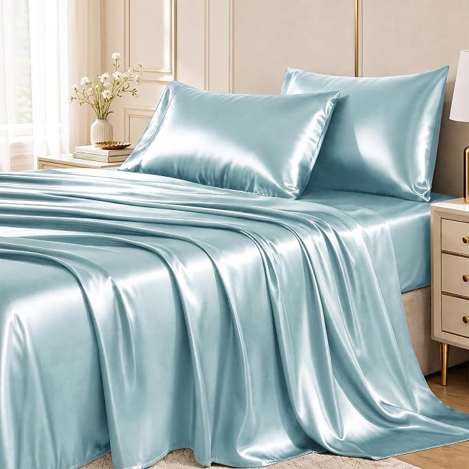 CozyLux Satin Sheets Full, 4-Piece 14-Inch Deep Pocket Sheet Set | OEKO-TEX Certified Silky Soft Sheet Set for Hair & Skin, Luxurious Silky-Smooth Satin for Elegant Bedroom Decor, Light Blue