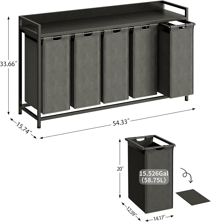 Herture Laundry Hamper with Shelf, Laundry Basket 5 Section, Laundry Sorter with Pull-Out Removable Large Bags and Movable Wheels, Metal Frame, 5 x 15.87 Gallons (60L), Black PF08XLB