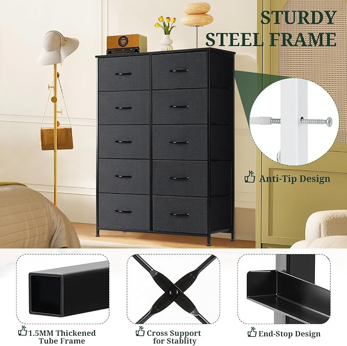 10-Drawer Dresser for Bedroom, Anti-Tip Tall Storage Organizer | Chest of Drawers with Wooden Top and Metal Frame Fabric Bins for Closet, Living Room, Hallway, Entryway, Black