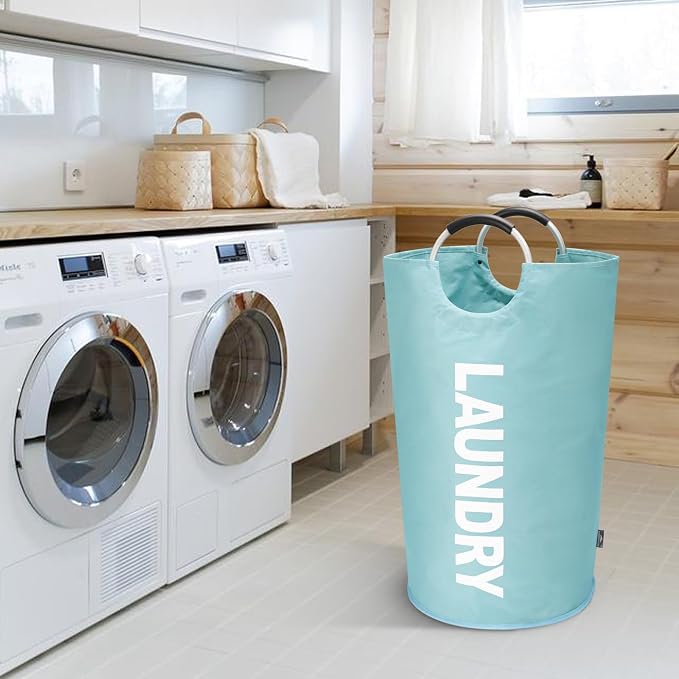 DOKEHOM 125L X-Large Collapsible Washing Laundry Basket Bag (7 Colors) for Bedroom, Fabric (Light Blue, XL) | Freestanding tall washing bin & foldable laundry bag. Extra large clothes storage basket with durable sturdy handles