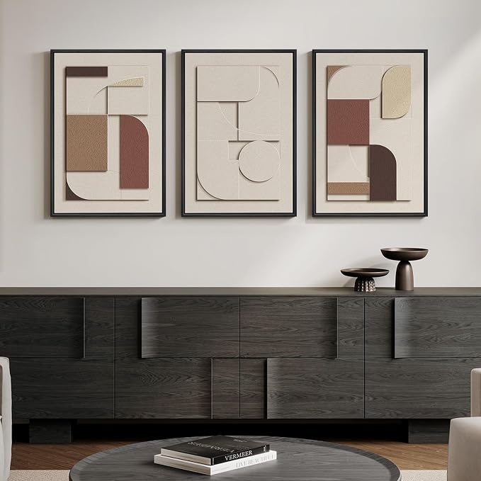 3D Textured Neutral Abstract Framed Wall Art Set of 3, 16x24 In | Wood Frames, Brown and Cream, 3 Piece Sandstone Texture Paintings, Modern Geometric Sculptural Wall Decor Living Room Bedroom
