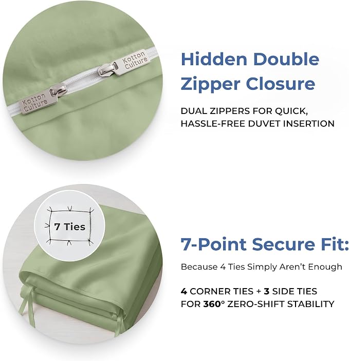Kotton Culture 3 Pc Duvet Cover King Size Set-100% Egyptian Cotton 600 Thread Count Ultra Soft Premium Durable Comforter Cover Zipper Closure & Corner Ties - (Moss Green, 104" X 94")