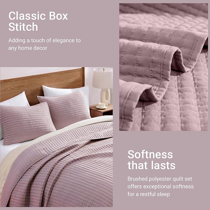 King Size Quilt-Lightweight Bedspreads Dusty Mauve King Quilt Bedding Set | Soft Coverlet with 2 Pillow Shams for All Seasons, Suitable for Bed, Couch, 3 Pieces, 106"x94"